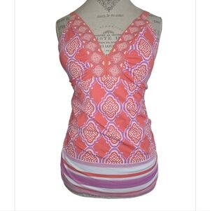 Cabana Life Tankini Top Coral Geo  NWT UPF 50+ Embroidered V Neck Size Large